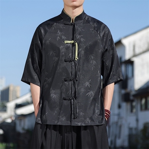 夏季新中式风竹叶提花插肩袖手工盘扣短袖唐装立领衬衫30503图片