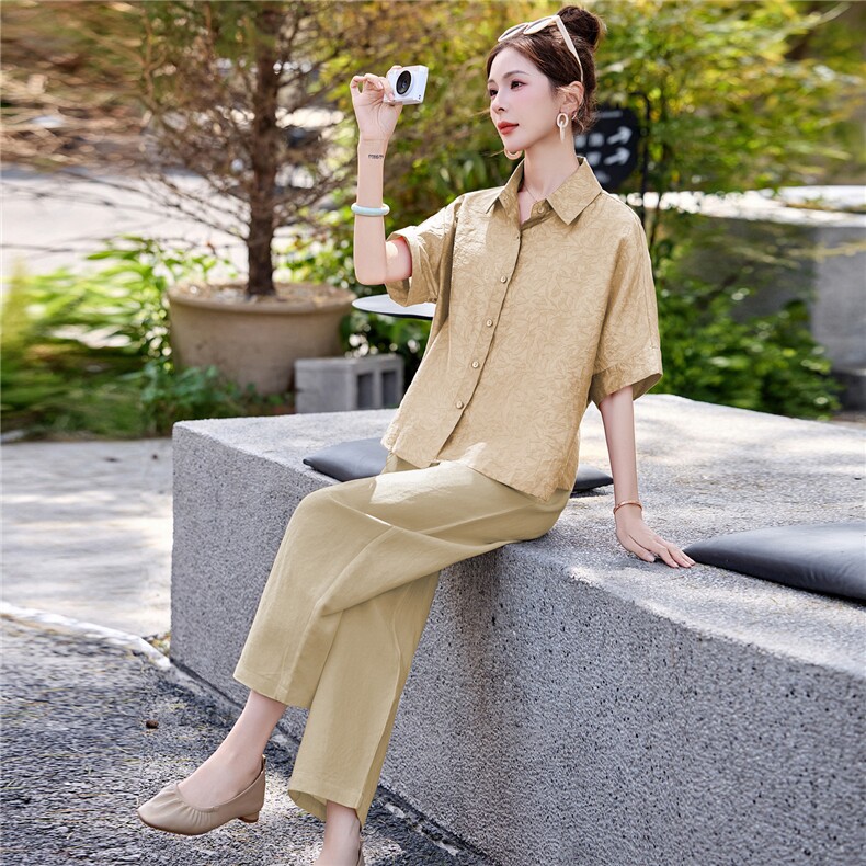 长期有货2026年夏季冰天丝时尚休闲两件套提花莱赛尔衬衫休闲裤女,女装套装/套裙,璐依舞
