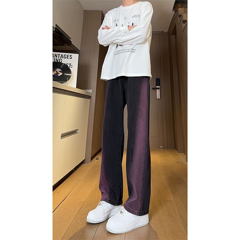 现货黑紫色拼接宽松阔腿直筒撞色休闲牛仔裤男女K5820-P50控78,男装牛仔裤,星座205