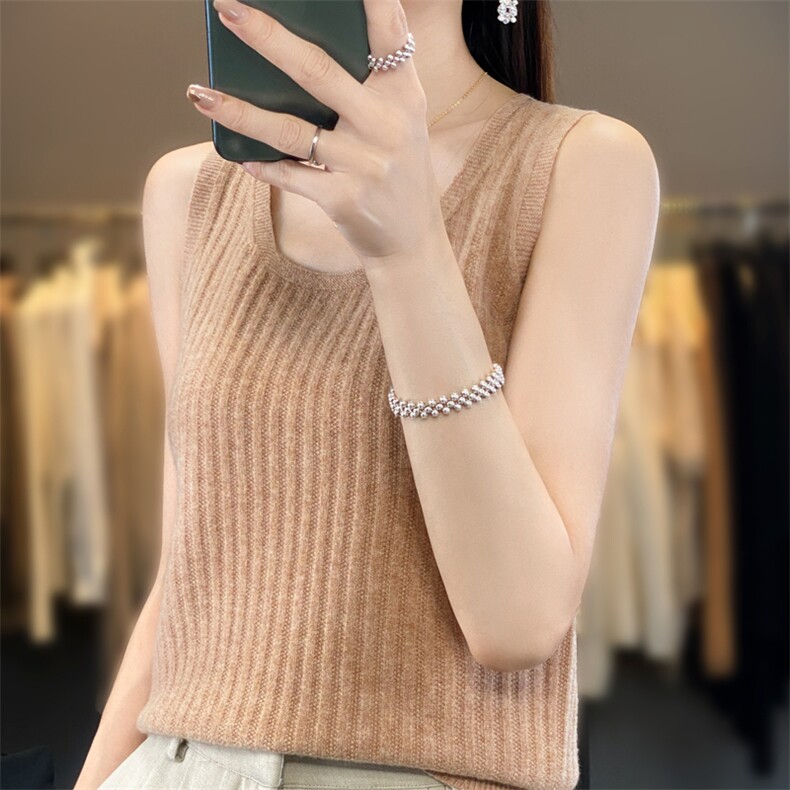 一线U领吊带简约2024年夏季气质百搭针织上衣,女装背心吊带,羿纯羊绒