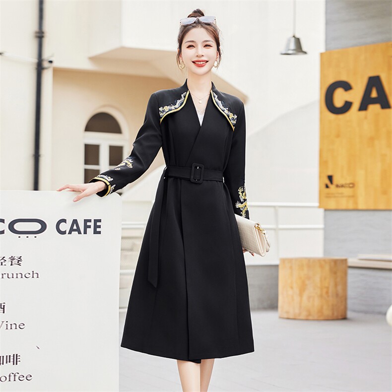 新款秋装女装气质修身显瘦长款风衣外套女韩版百搭优雅绣花大衣,女装风衣,红依一坊