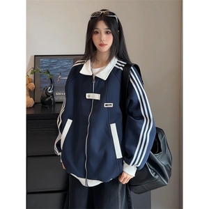 美式学院风外套秋季新款条纹设计开衫卫衣帅气夹克男女WL8300-P50图片