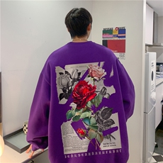 美式高街复古玫瑰印花上衣男生春季宽松卫衣JK23391特批25-控48，男装卫衣，星座605(原A050)