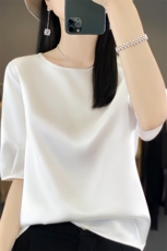 春秋圆领七分灯笼袖衬衫女设计感小众轻熟衬衣，女装衬衫，绒宛羊绒