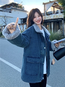美式蓝色羊羔毛领牛仔外套女2025冬季新款高级感休闲宽松夹克上衣图片