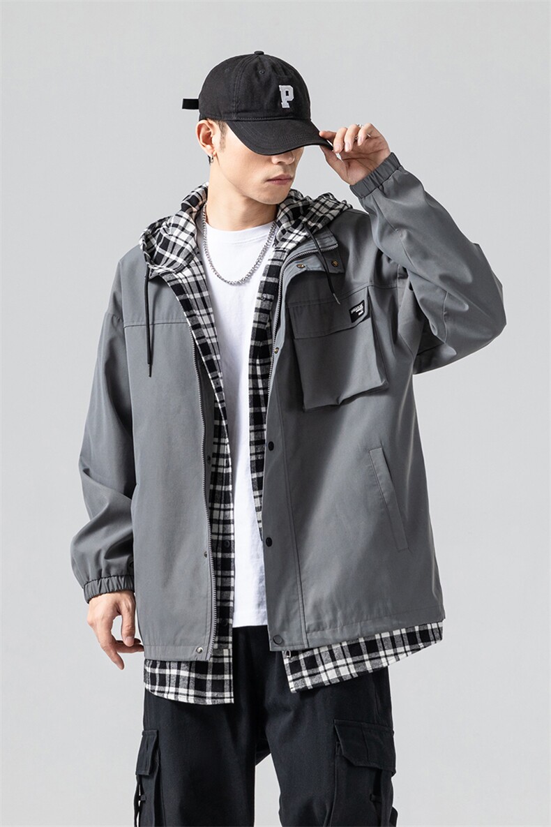 2024春季新款假两件格子外套无影墙大码boy连帽休闲夹克J6818-P75,男装夹克,电商A082
