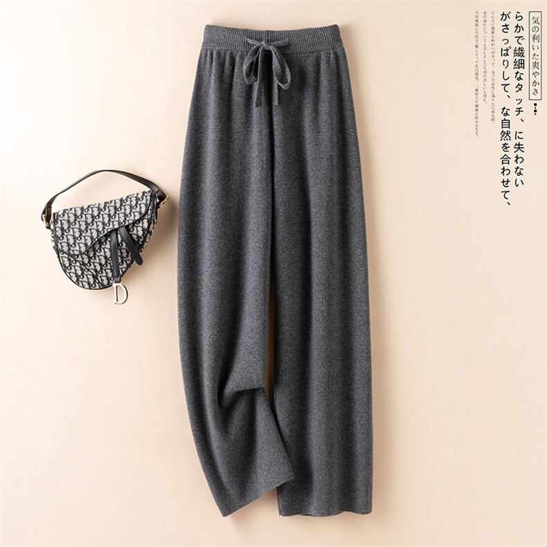 秋冬加厚羊毛针织阔腿裤女垂坠感直筒白色休闲拖地裤高腰外穿长裤,女装休闲裤,欣美羊绒