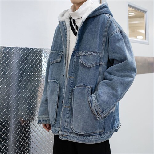 A609 P130 冬季男士连帽羊羔毛加厚保暖牛仔夹克棉衣外套潮图片
