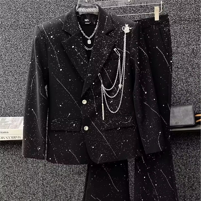 简约轻奢高级感满天星西服套装男士小众设计休闲西裤西装两件套,男装西服套装,星座601-1