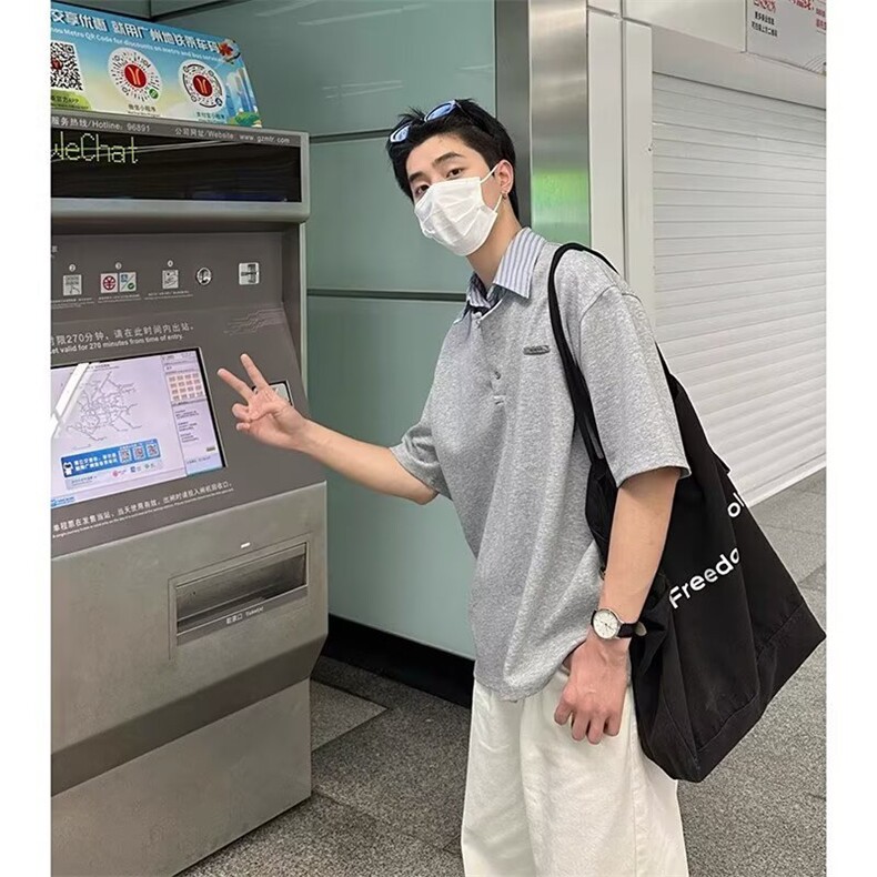 韩版时尚假两件短袖男士暖男穿搭小众氛围感T恤上衣翻领POLO衫潮,男装T恤,星座516A