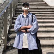 2026夏装新款条纹绣标短袖五分袖衬衫潮男衬衣CS8090/P40蓝，男装T恤，电商A094