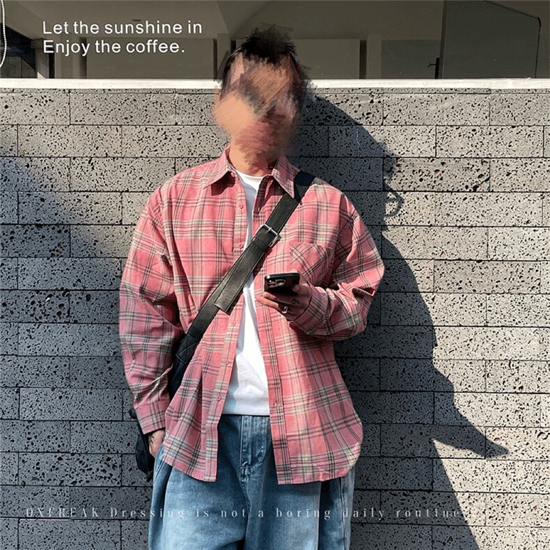 【网图慎用】粉色格子衬衫男女都好穿挺好看的质量不错P48,男装衬衫,电商A466