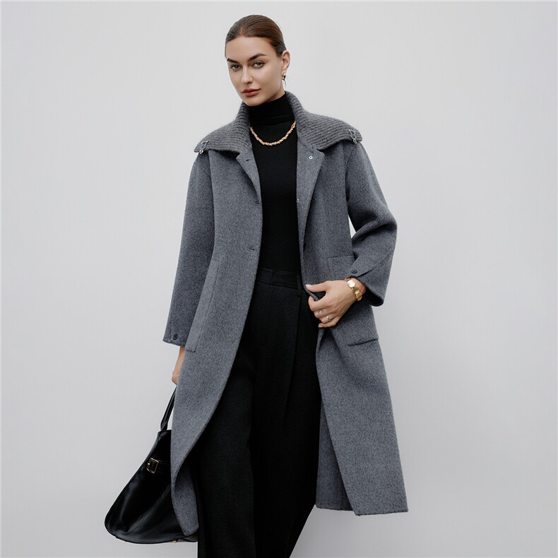 2025秋冬新款翻领拼接针织长款毛衣大衣女气质过膝外套，女装毛呢外套，阿舍尔精品