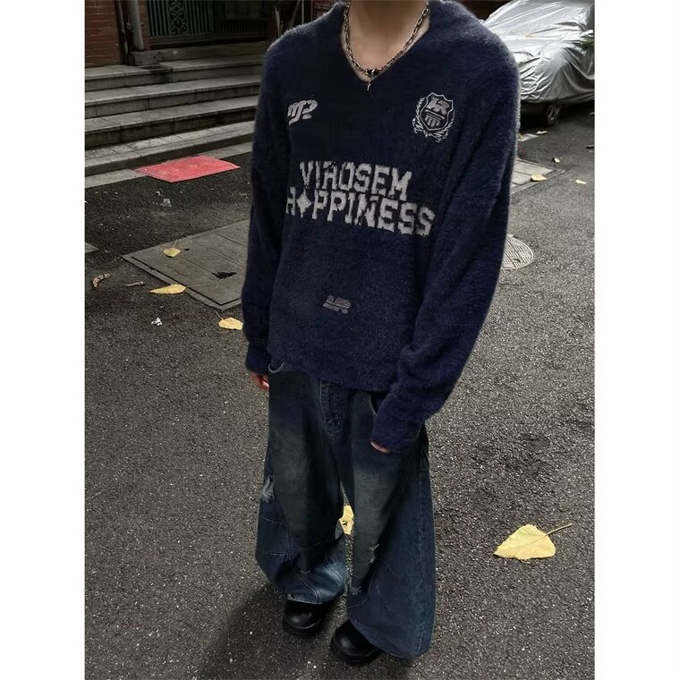 复古美式运动风毛衣男女宽松高级感徽章印花V领球服针织上衣外套,男装针织衫/毛衣,星座813-2