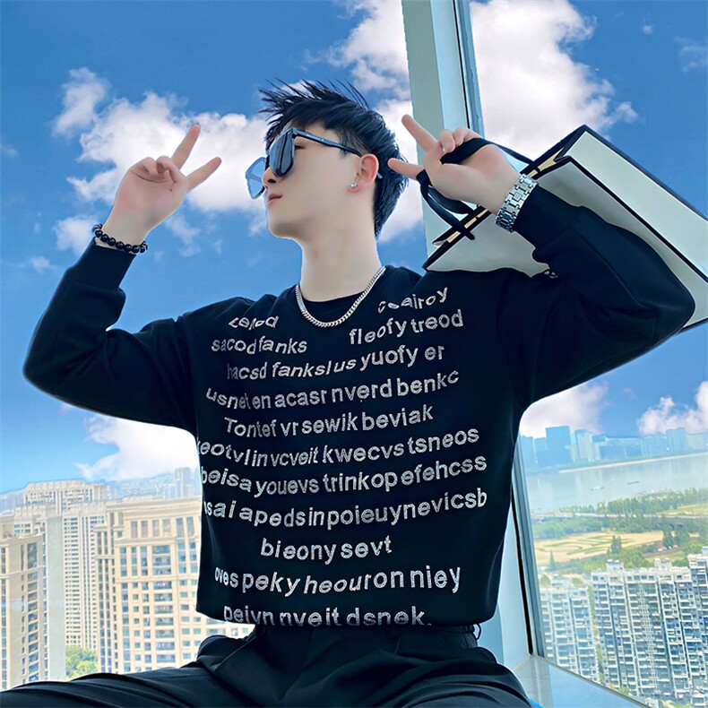 AW186/P78控108秋季社会小伙烫钻打底上衣百搭高级潮流卫衣男黑首,男装T恤,星座305B-1