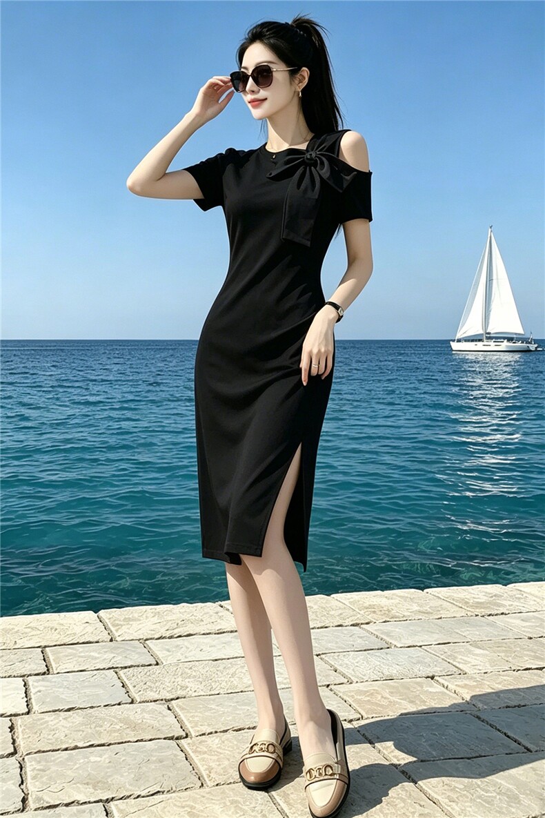 欧洲站女夏季新款潮流时尚气质显瘦露肩蝴蝶结设计褶皱中长款裙子,女装连衣裙,江南