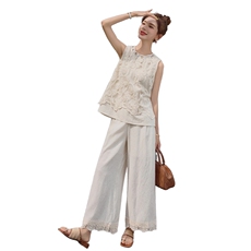 轻熟风韩系蕾丝刺绣亮片背心上衣气质棉麻直筒阔腿裤两件套女夏季，女装套装/套裙，苗苗