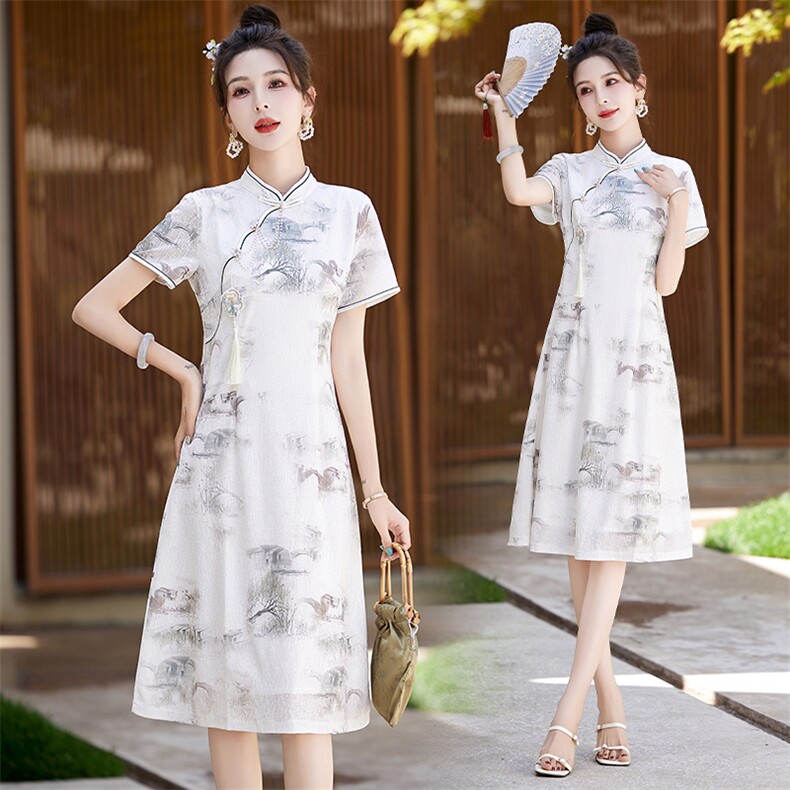 新中式素雅水墨印花连衣裙女2024夏季新款小个子修身国风旗袍裙子，女装连衣裙，艾仟回(原伊仟回)