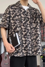 复古痞帅黑花短袖衬衫男女款休闲宽松衬衣外套DX101-特P30限价48，男装衬衫，电商A178