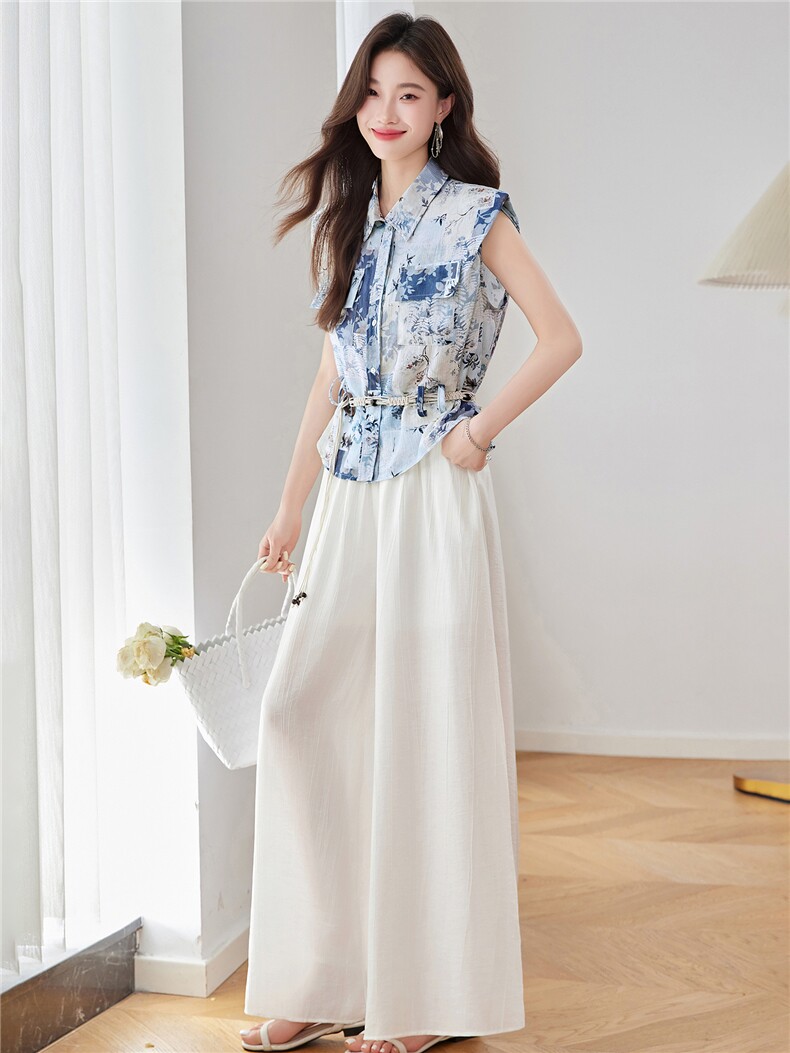 时尚休闲印花套装女2025夏季新款高端气质短袖衬衫阔腿裤两件套潮,女装套装/套裙,伊仟回