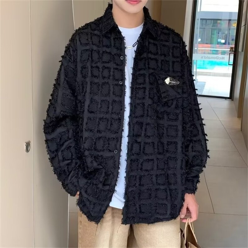 格子长袖衬衫男春秋款高级感潮牌痞帅衬衣外套美式复古设计C639,男装衬衫,星座1116A-1（原606A）