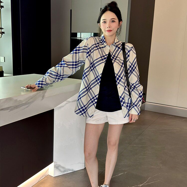蓝格衬衫设计感格纹撞色薄款长袖上衣女早秋宽松显瘦翻领外套图片