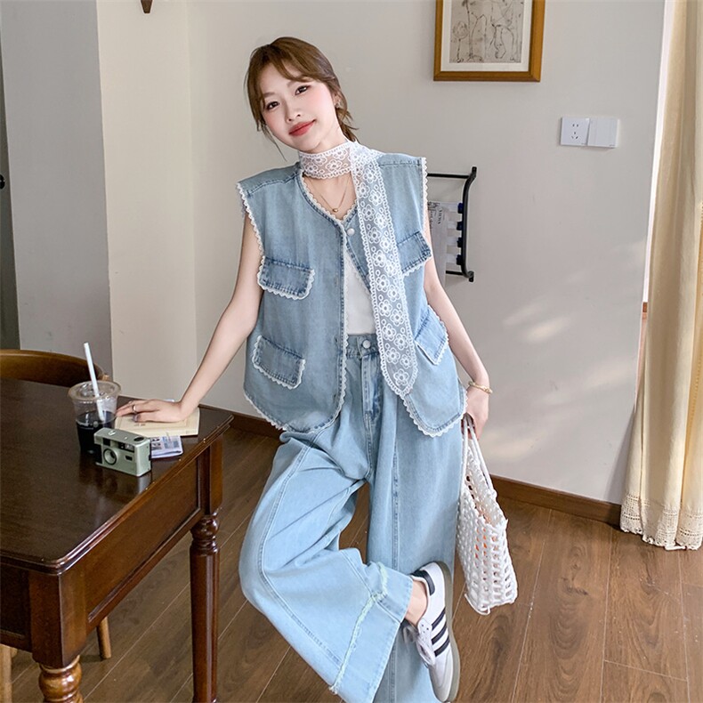 2025夏季新款蕾丝花边拼接包边牛仔套装女设计感马甲阔腿裤两件套图片