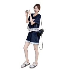现货2D078-T2063-P145K198蕾丝拼接牛仔套装短裤两件套，女装套装/套裙，2D078