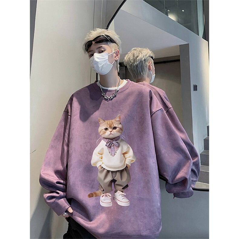 抖音得物高品质日系猫咪麂皮绒宽松圆领卫衣wyjp4048-特p35控69,男装卫衣,星座605(原A050)