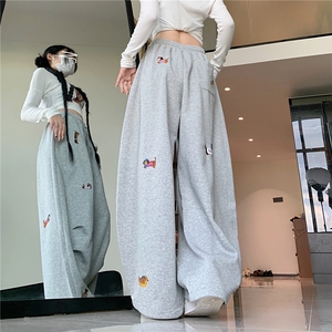 美式趣味腊肠狗刺绣弯刀卫裤女宽松慵懒风垂坠感阔腿休闲裤子图片