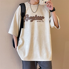 麂皮绒短袖t恤男夏季美式复古潮牌五分袖宽松半袖体恤T0232-P35，男装T恤，星座308B-2