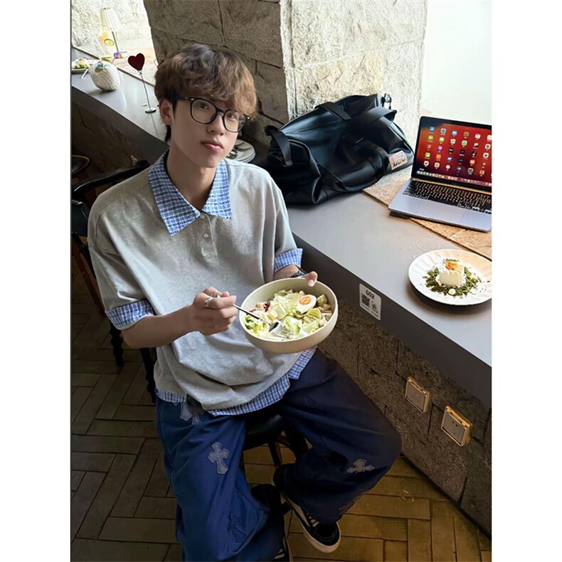 得物抖音高品质二开 夏季美式潮牌高街假两件格子衬衣翻领短袖T恤图片