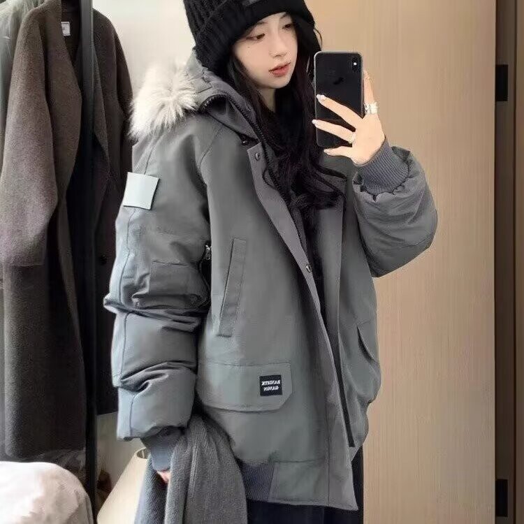 美式复古设计感大毛领棉服男女冬季保暖宽松情侣连帽工装棉衣外套图片