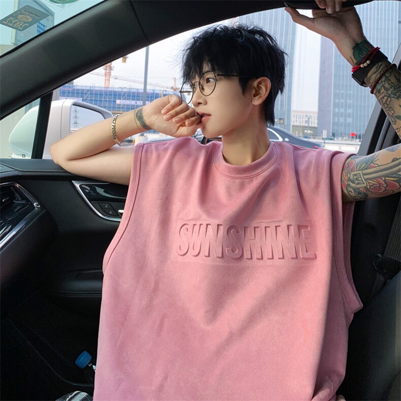 ！2025夏季新款男士钢印麂皮绒背心无袖T恤TLBX01特P22控38,男装背心/马甲,电商B220