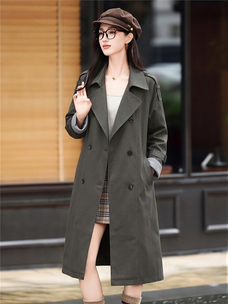 设计感女2026秋新款法式赫本风品质宽松撞色袖翻领中长款风衣外套,女装风衣,卡杰菲
