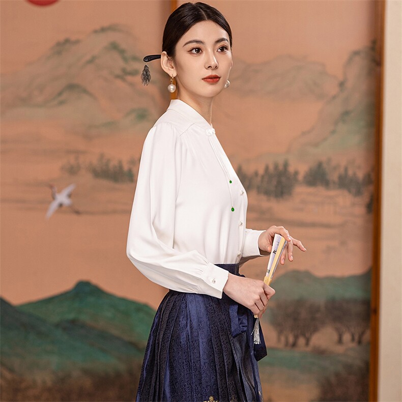 芷墨复古新中式复古大小姐马面裙套装显瘦通勤百搭衬衫裙子两件装,女装衬衫,芷墨服饰