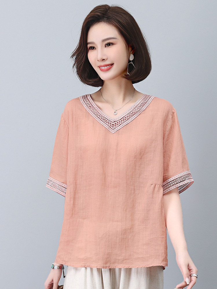 大码女装胖mm2025夏季宽松复古民族风刺绣苎麻小衫上衣休闲裤,女装T恤,悦见她