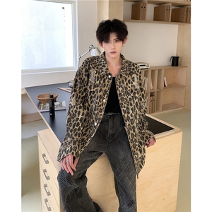 美式潮牌翻领工装豹纹情侣夹克男女潮牌痞帅高级感宽松牛仔外套图片