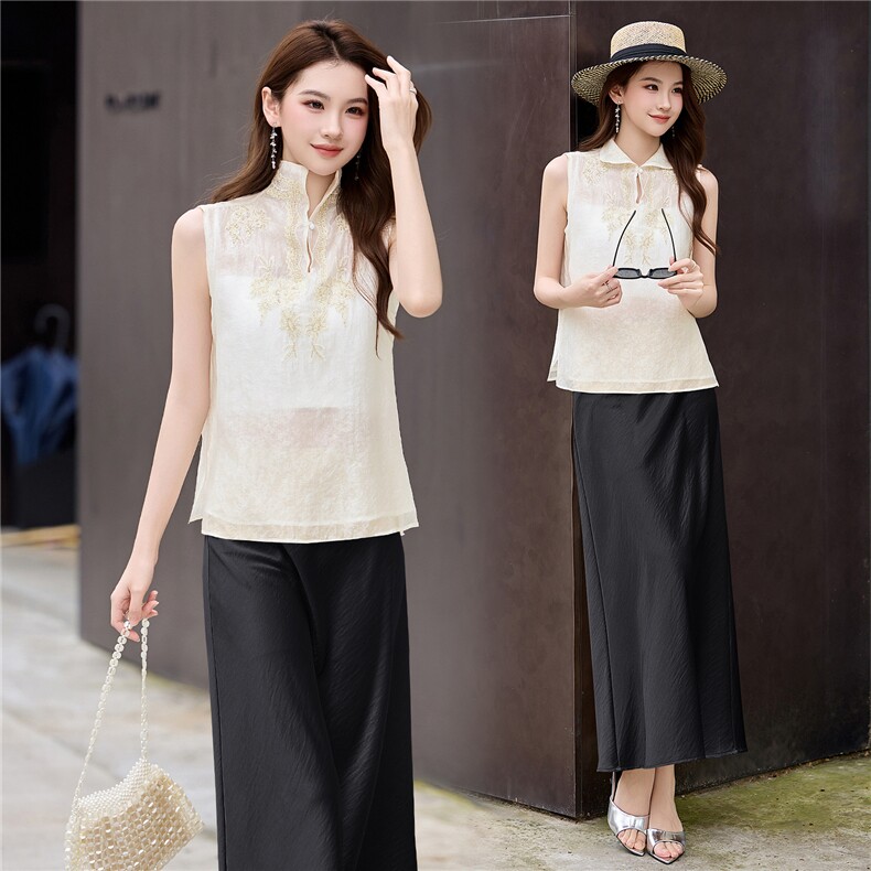 现货新中式轻熟气质2026夏季新款高级感印花钉珠马甲半身裙两件套，女装套装/套裙，卡杰菲