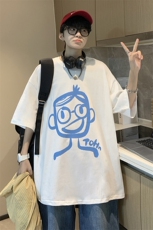 大码夏季宽松港风男装笑脸印花T恤宽松情侣上衣A071-5516-P28，男装T恤，电商A071