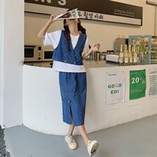主推现货格纹牛仔背心+T恤上衣+裙子三件套，女装套装/套裙，菡迪欧娜