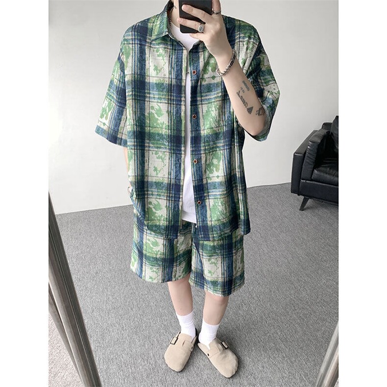 TZ1150-特45控88多色海滩冰丝凉感大码套装衬衫速干运动两件套，男装衬衫，电商A059