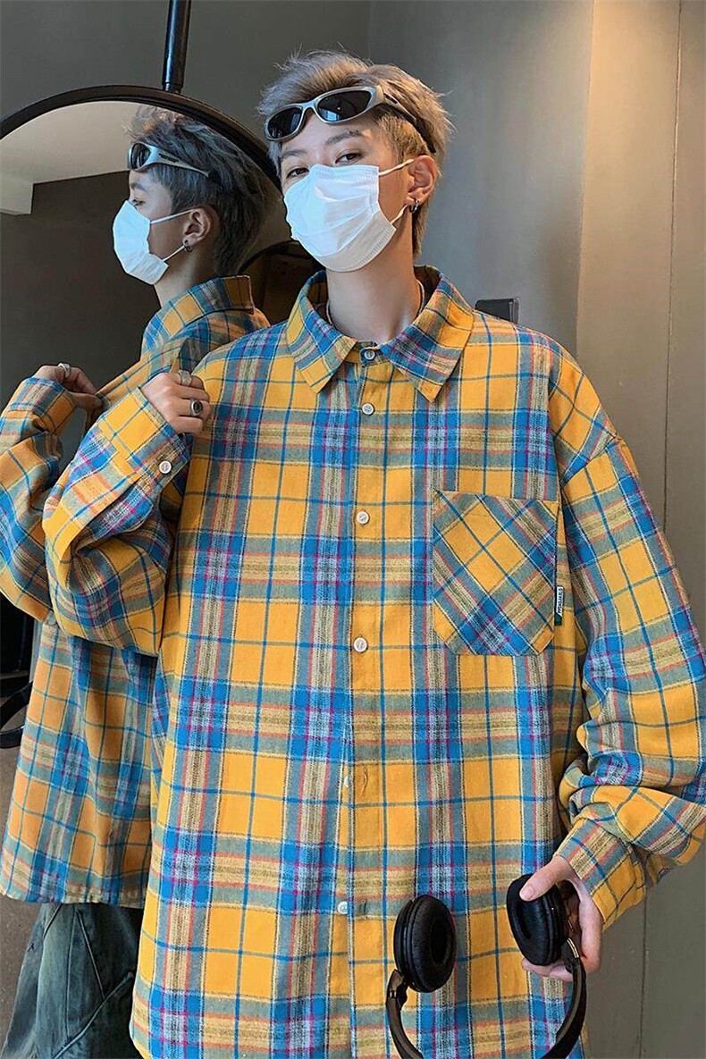 特批P30无差价秋季格子衬衫男高街潮牌长袖上衣贴标衬衣外套C2501,男装衬衫,电商A001