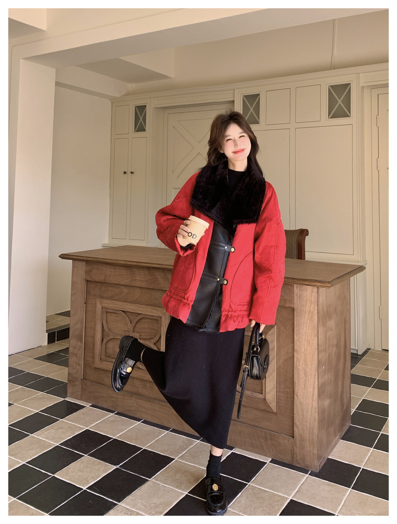 红色羊羔毛领派克羽绒服女2025冬季新款时尚皮毛一体加厚保暖外套,女装羽绒服,2C159