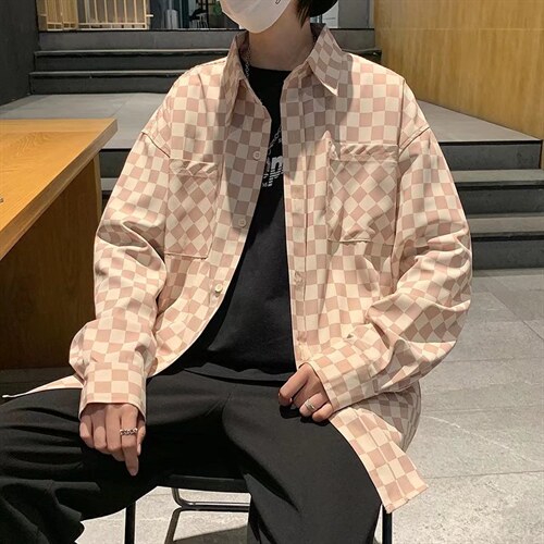 男长袖衬衫高街中性风棋盘格衬衫C13P32图片