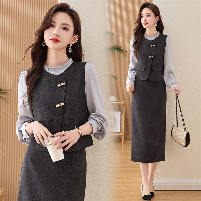 黑色爆款竹节扣马甲套装裤2025新款女秋季又A又飒韩剧穿搭三件套，女装套装/套裙，美沁