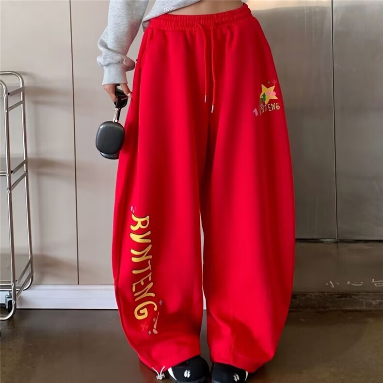 美式字母印花运动卫裤女秋冬宽松垂感显瘦跳舞阔腿直筒休闲裤潮流,男装休闲裤,星座506A