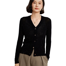 女士珠片V领羊毛开衫外套，女装针织衫/毛衣，臻维羊绒