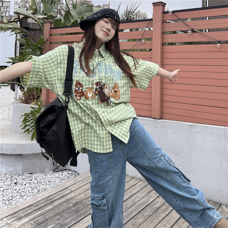 CEDY夏季美式童趣小熊刺绣格子翻领短袖衬衫美拉德古着学院衬衣,男装衬衫,星座1210-1