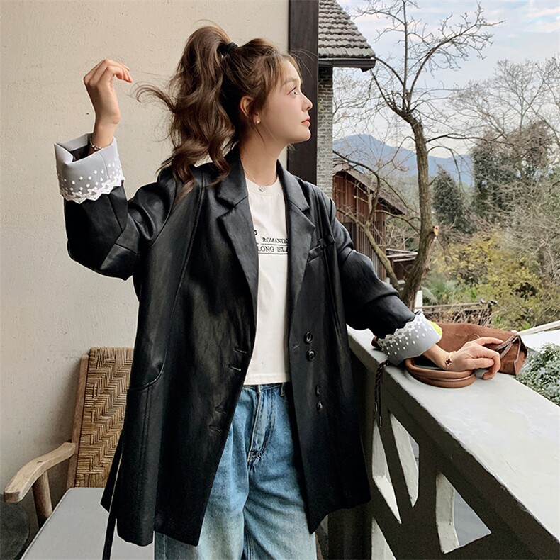 黑色PU皮衣西服外套女2025春秋季新款韩系设计感蕾丝拼接西装上衣,女装皮衣,2C051
